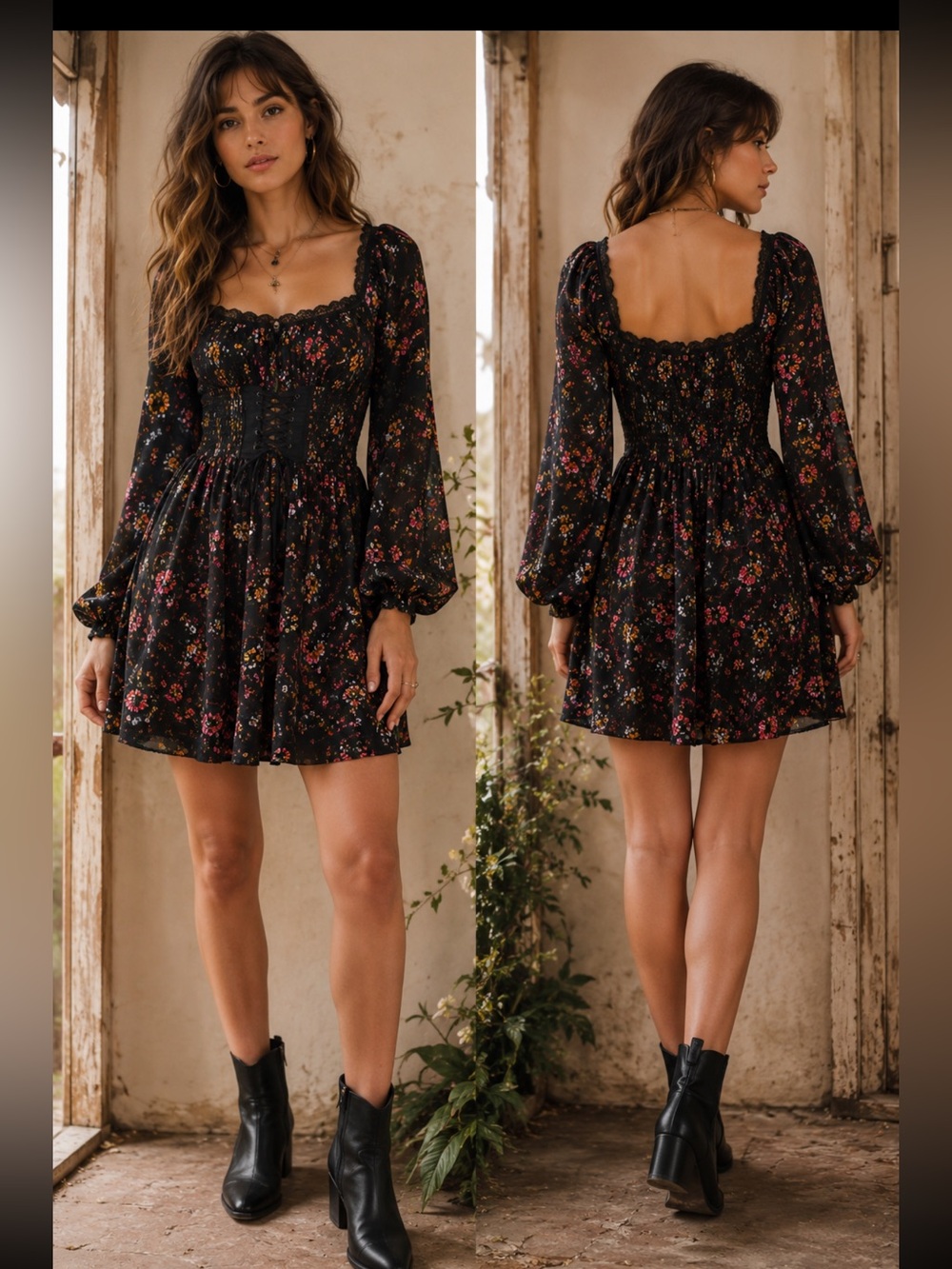 Miss Selfridge NWT Black Floral Dress Lace Up Waist Dark Romantic Size 10